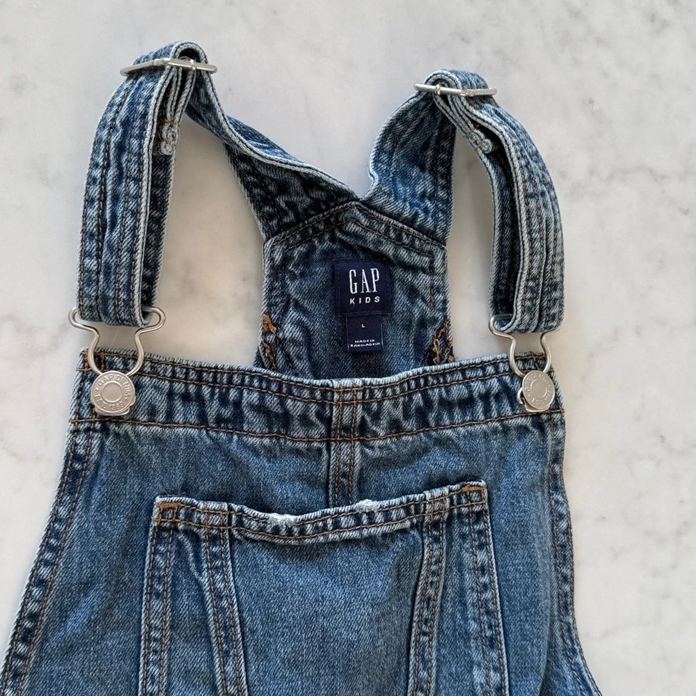 GAP Kids Denim Overalls Girls Large Distressed Wide Leg Adjustable Bib Jeans